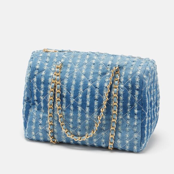 NWOT Olivia Miller Distressed Denim Quilted Satchel Bag ๐โจ Y2K Bowling Style - Picture 4 of 5